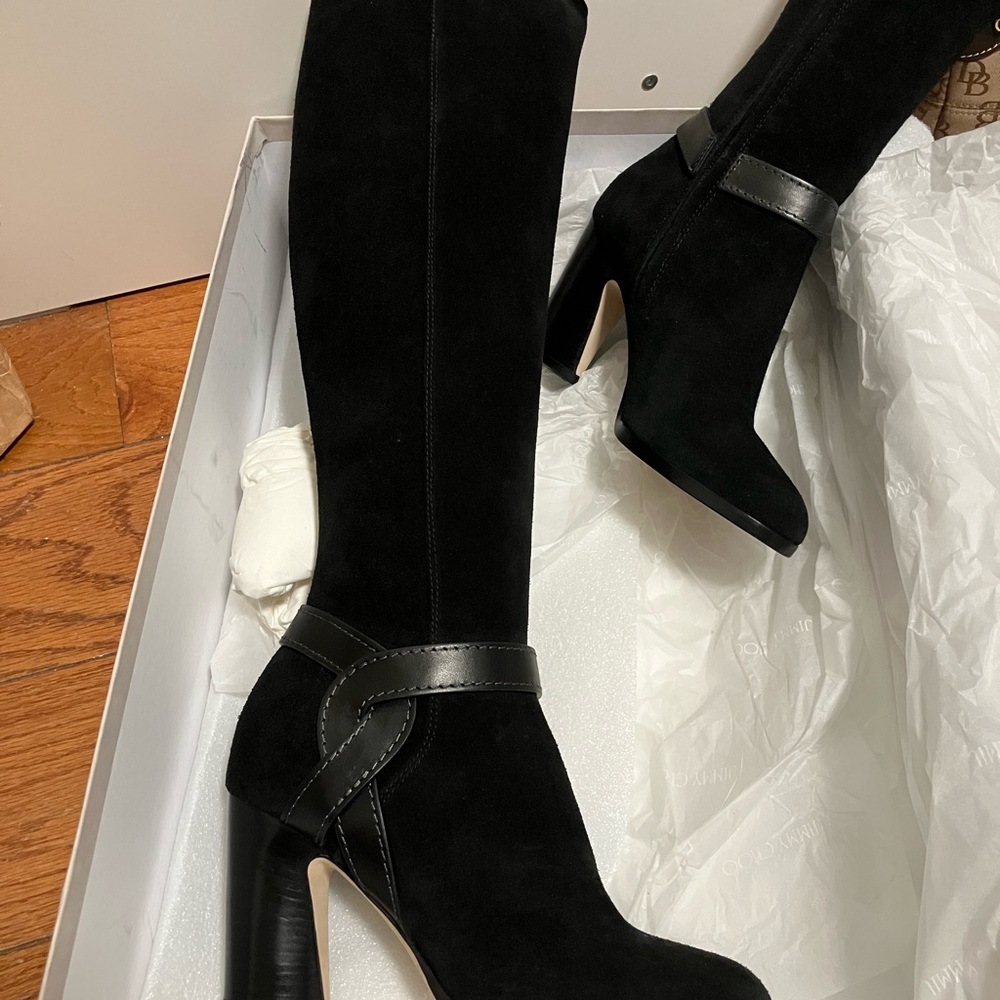 Jimmy Choo Taya 85 Tall Black Suede Boots sz 35.5 US Knee High
